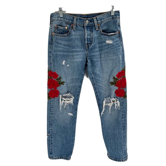 Levi's Denim - Levis 501 Jeans Embroidred Rose Distressed Sz 25 Straight Tapered
